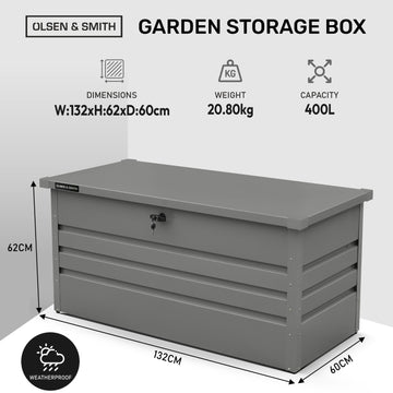 Olsen & Smith 400L Large Metal Garden Storage Box – Heavy-Duty Outdoor Storage Chest with Lock, Weather-Resistant Steel Design for Tools, Cushions, Toys & Patio Accessories – Grey